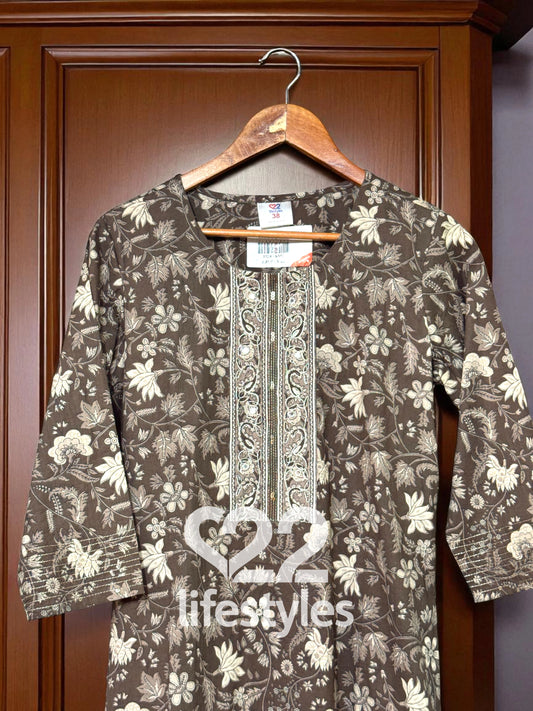 Brown With Off-White Floral and Geometric Block Prints.