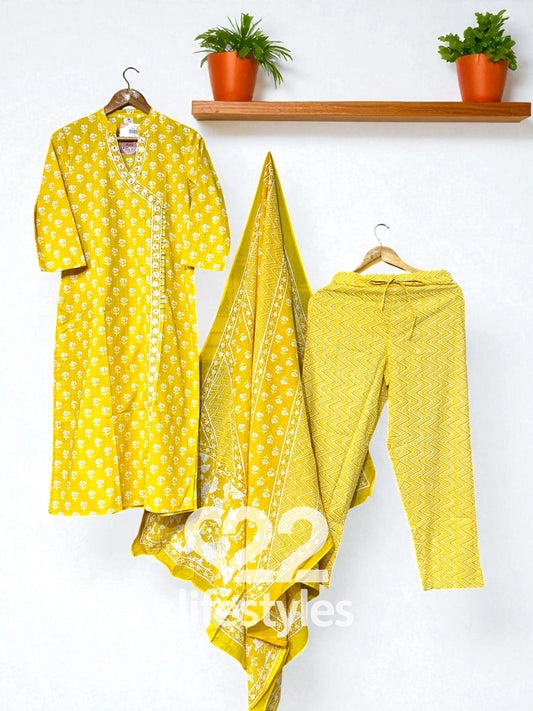 Yellow Cotton Angrakha Readymade Salwar Suit