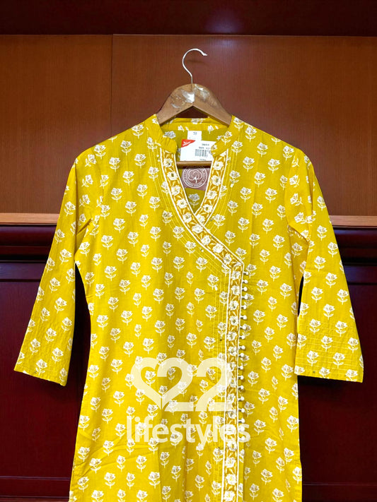 Yellow Cotton Angrakha Readymade Salwar Suit