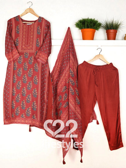 Rust Red Muslin Readymade Salwar Suit Set
