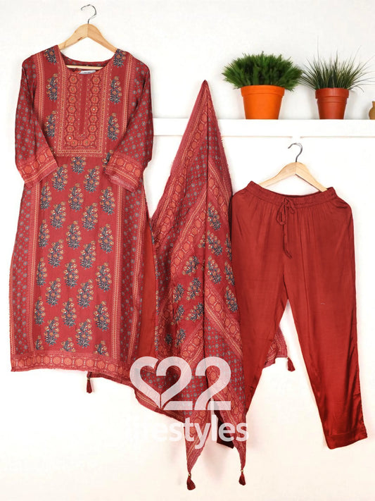 Rust Red Muslin Readymade Salwar Suit Set