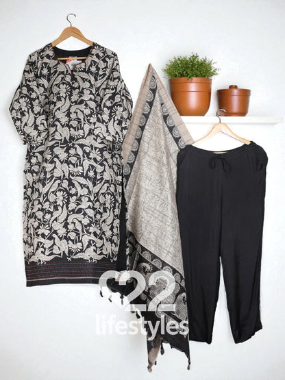 Black & Beige Tussar Readymade Salwar Suit Set