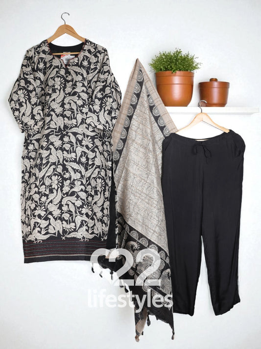 Black & Beige Tussar Readymade Salwar Suit Set