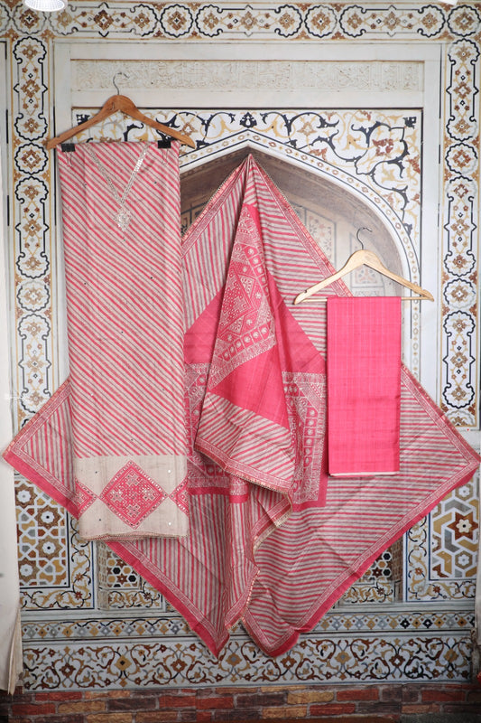 Pink Tussar Unstitched Salwar Suit