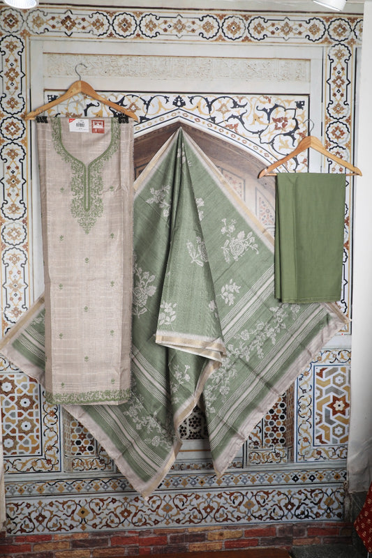 Green Tussar Unstitched Salwar Suit