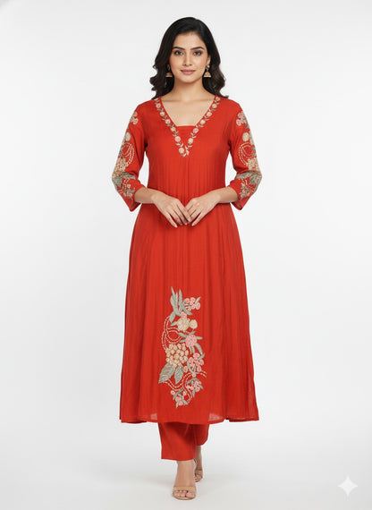 Orange Coral Mul Chanderi Readymade Anarkali Salwar Suit
