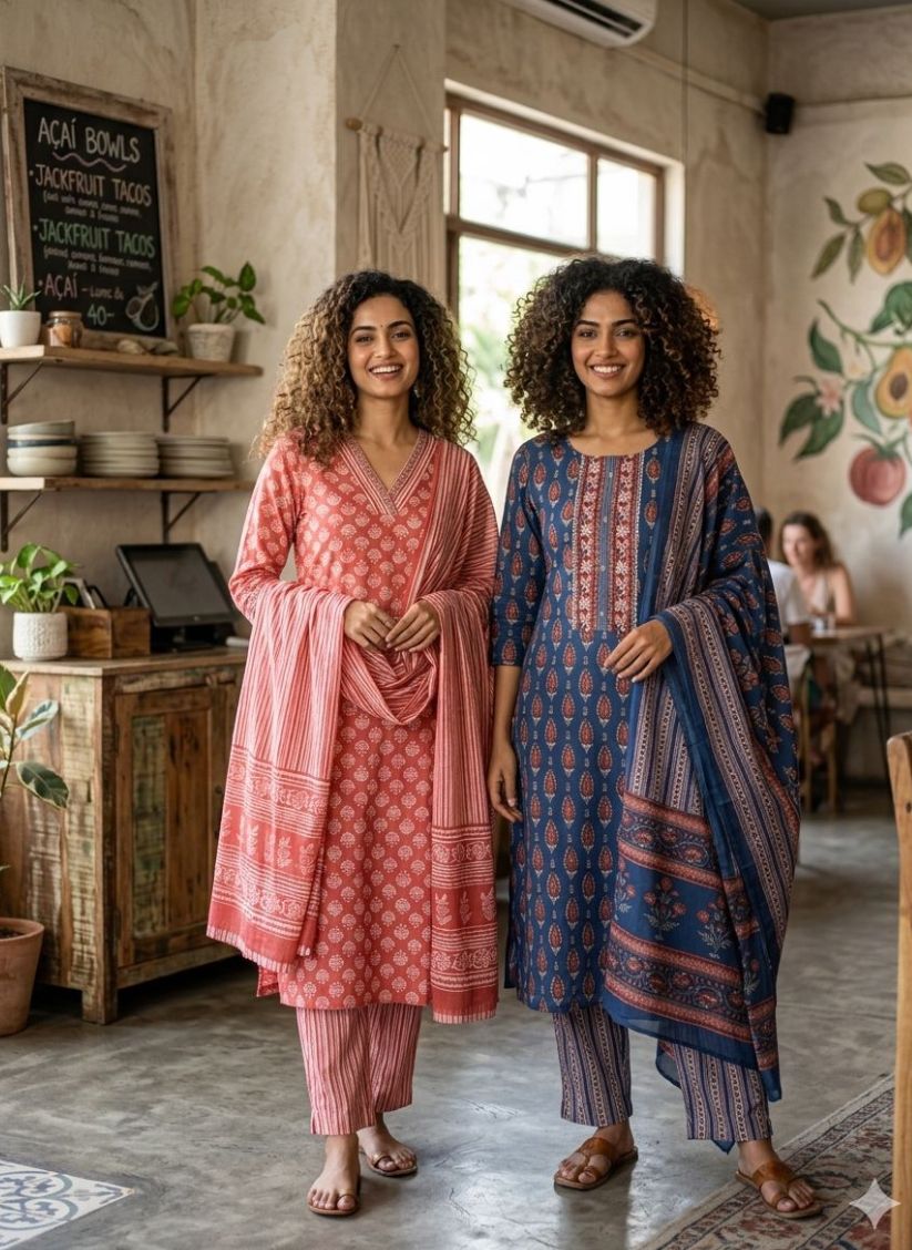 Pure Cotton Kurti Pant Dupatta Sets